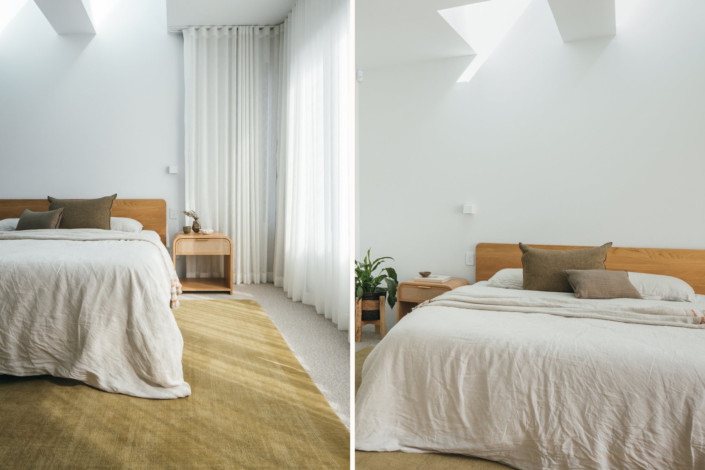 Two views of a Macmasters Beach bedroom styled with a pistachio green rug, linen bedding and timber bedside tables